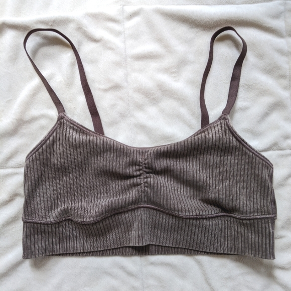 Aerie Offline bralette with ruched front, ribbed textured and grey/plum colour - Picture 1 of 8